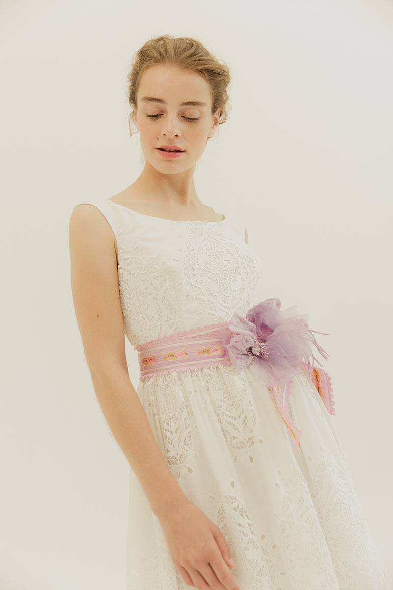 Embroidered cotton lace boat neck dress with princess seams and beautiful scalloped hem