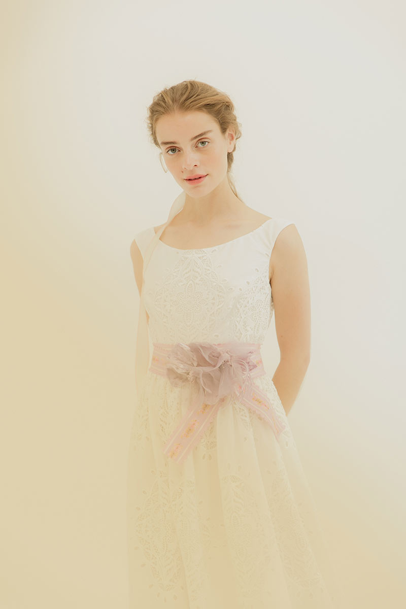 Embroidered cotton lace boat neck dress with princess seams and beautiful scalloped hem
