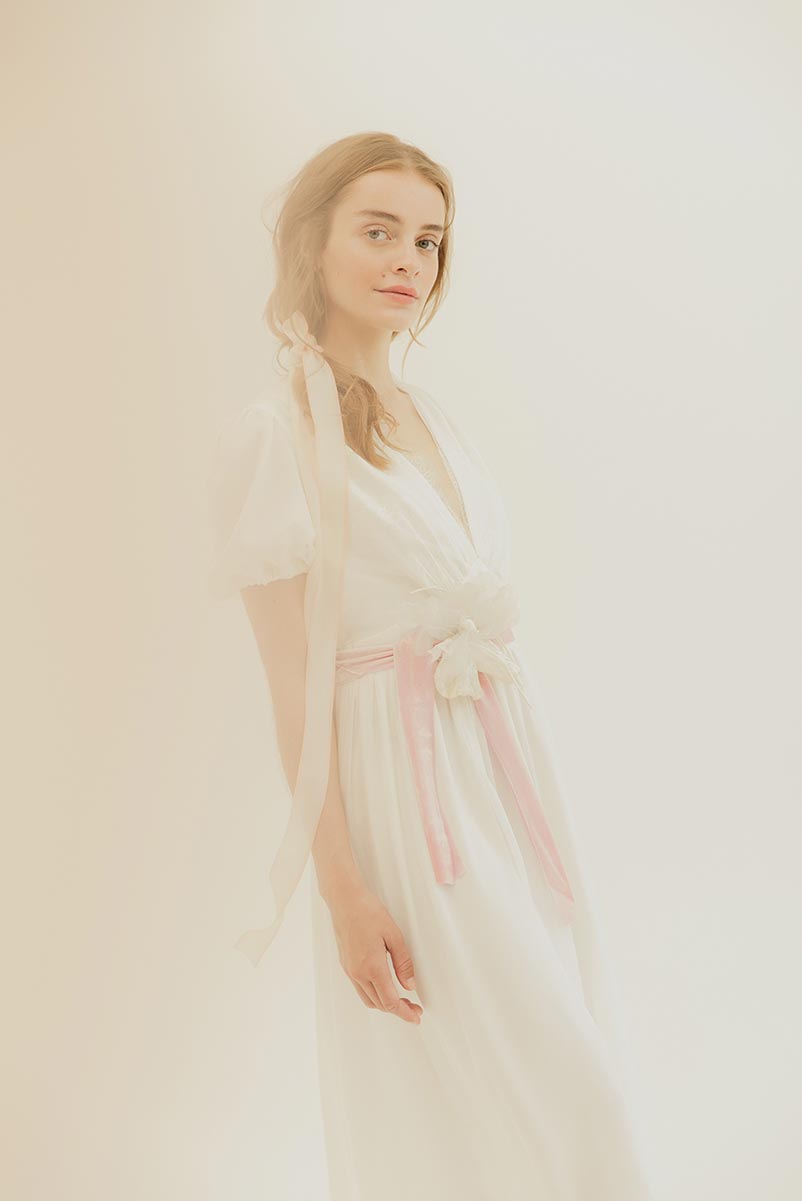 Soft silk chiffon puff sleeve dress with soft scallop chantilly lace detail