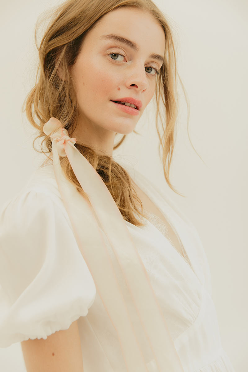 Soft silk chiffon puff sleeve dress with soft scallop chantilly lace detail