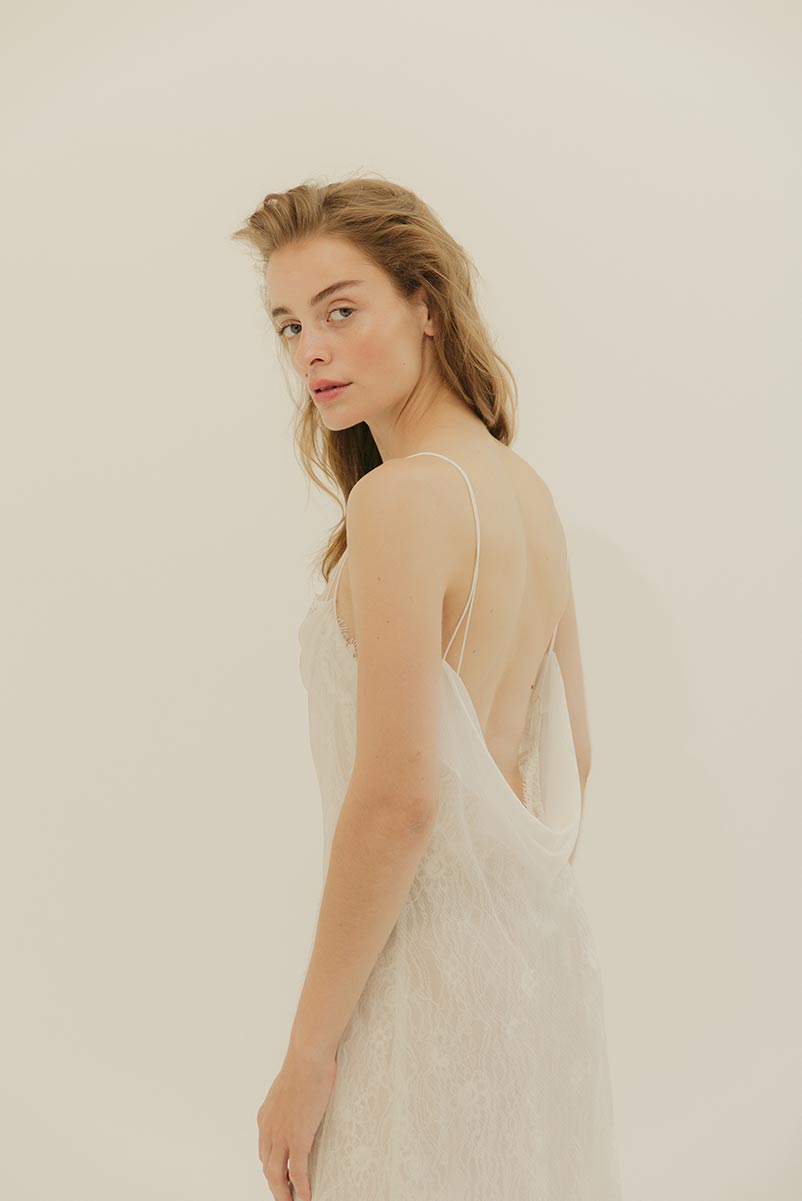 Minnie dress - Crinkle chiffon cowl dress with separate scallop lace slip dress