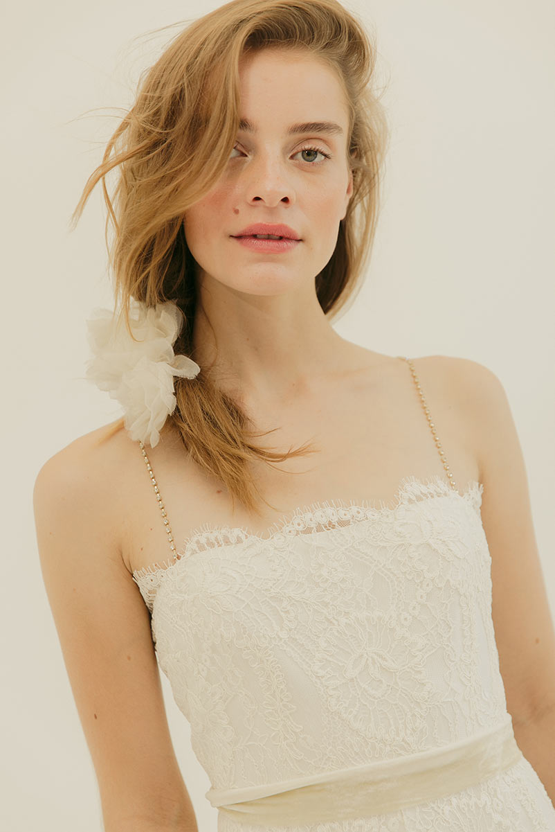 Scallop embroidered floral lace dress with gold jeweled straps