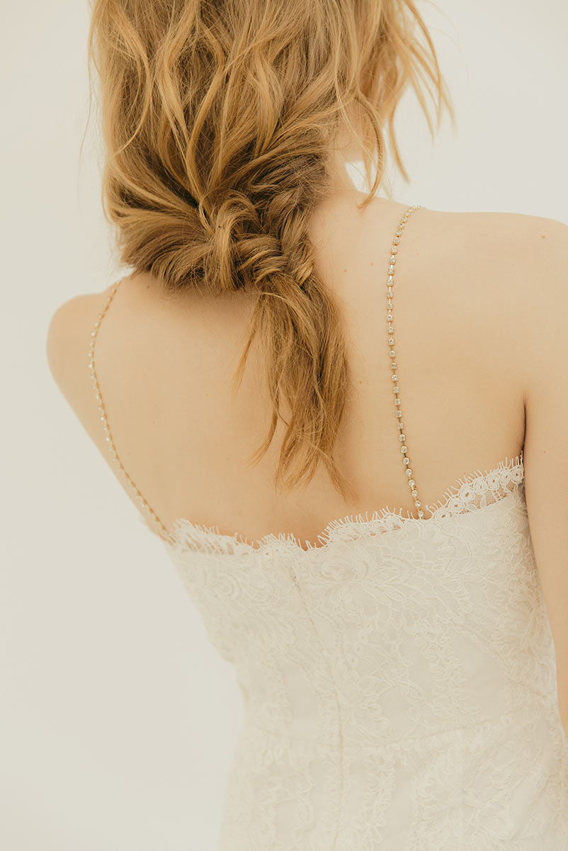 Scallop embroidered floral lace dress with gold jeweled straps